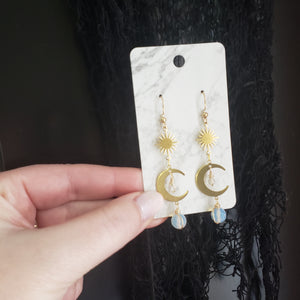 Brass Suns and Moons Opalite Earrings