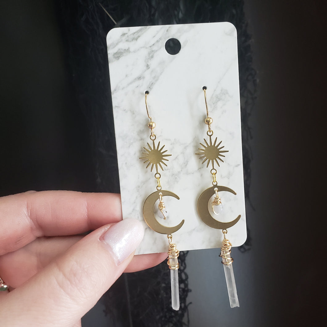 Brass Sun + Moon with Quartz Earrings