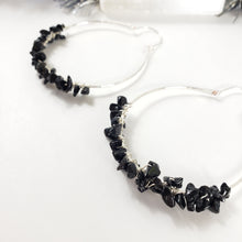 Load image into Gallery viewer, Black Tourmaline Large Sterling Silver Hoops