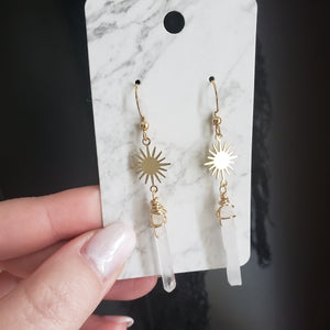 Small Brass Sun + Quartz Earrings