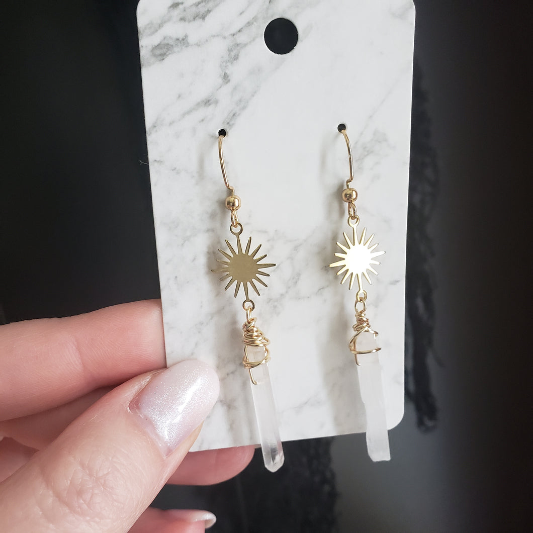 Small Brass Sun + Quartz Earrings