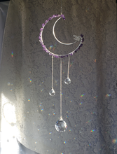 Load image into Gallery viewer, Large Amethyst + Quartz Moon Suncatcher
