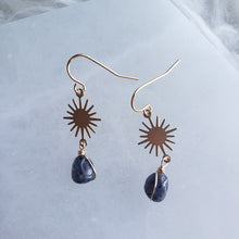 Load image into Gallery viewer, Mini Sun + Iolite Brass Earrings
