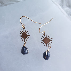 Mini Sun + Iolite Brass Earrings