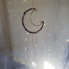 Load image into Gallery viewer, Large Amethyst + Quartz Moon Suncatcher
