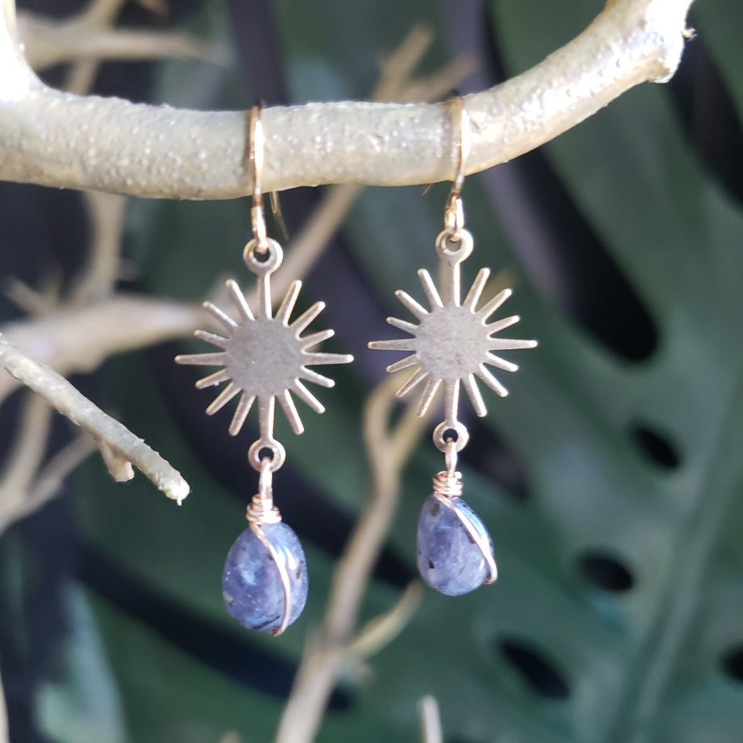 Mini Sun + Iolite Brass Earrings