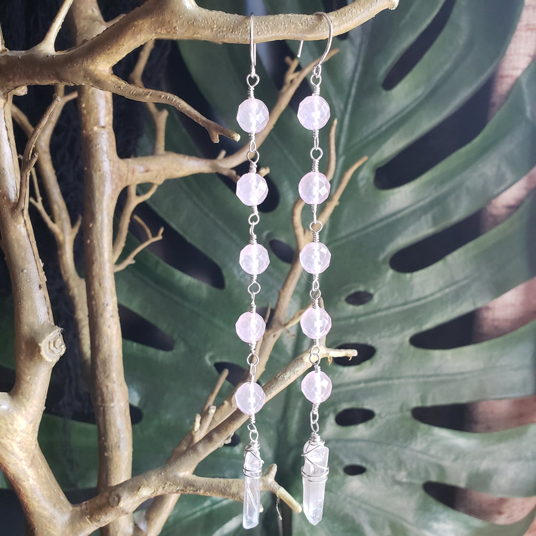 Rose Quartz + Quartz Long Drop Earrings