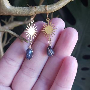 Mini Sun + Iolite Brass Earrings