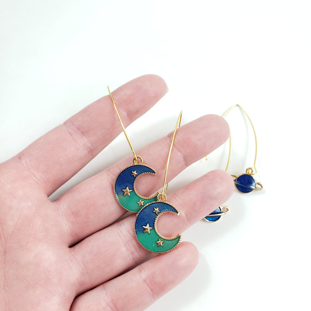 Teal + Blue Enamel Moon Earrings