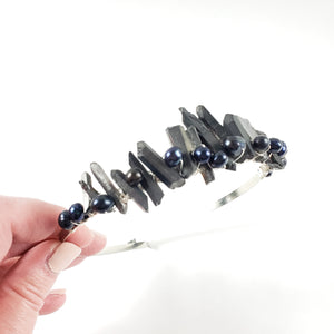 Matte Black Quartz Crystal and Peacock  Fresh Water Pearls Tiara