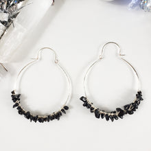 Load image into Gallery viewer, Black Tourmaline Large Sterling Silver Hoops
