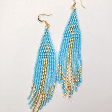 Load image into Gallery viewer, Gold &amp; Blue Crescent Moon Fringe Earrings
