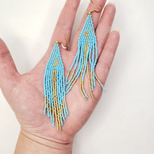 Load image into Gallery viewer, Gold &amp; Blue Crescent Moon Fringe Earrings
